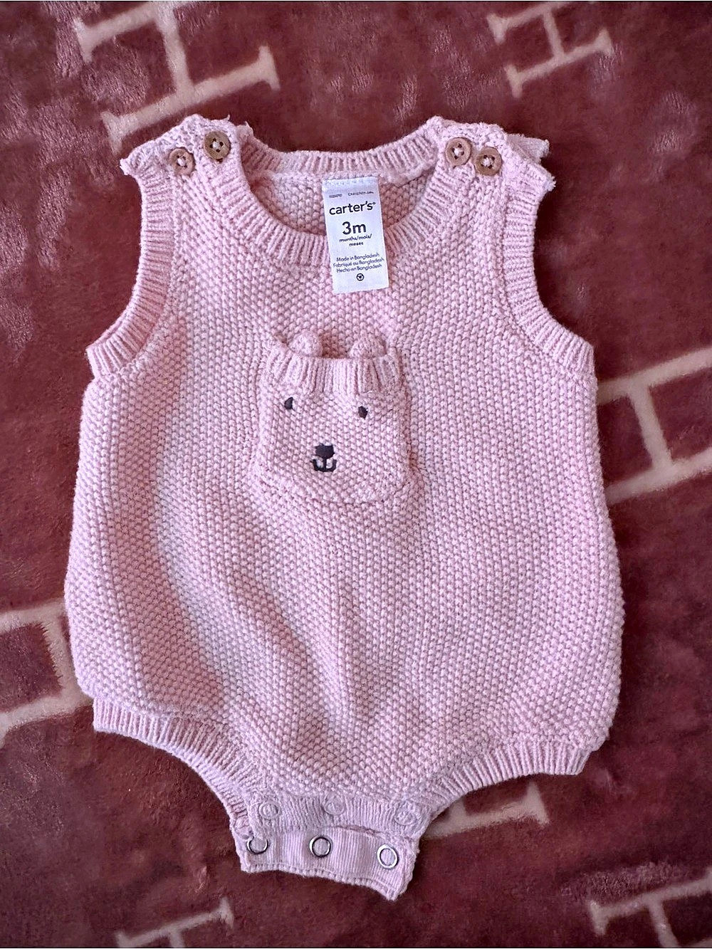 Carter's Knit Bear Pocket Bubble Romper Pink Knit Romper Size 3M Like New